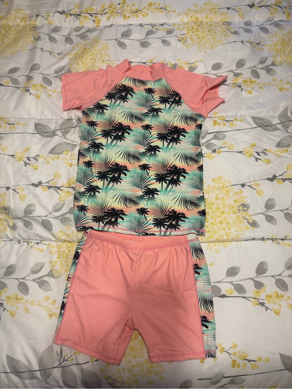 Kids Pink Size 14 Tropical Palm Rash Guard Set - Swim Top & Shorts